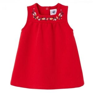 Petit Bateau Baby Girl Red Dress with Embroidered Flower Neckline - Size 3M